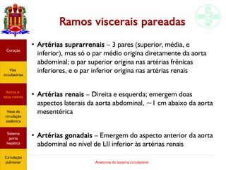 Anatomia do sistema circulatório
Ramos viscerais pareadas
●
Artérias suprarrenais – 3 pares (superior, média, e
inferior), mas só o par médio origina diretamente da aorta
abdominal; o par superior origina nas artérias frênicas
inferiores, e o par inferior origina nas artérias renais
●
Artérias renais – Direita e esquerda; emergem doas
aspectos laterais da aorta abdominal, ~1 cm abaixo da aorta
mesentérica
●
Artérias gonadais – Emergem do aspecto anterior da aorta
abdominal no nível de LII inferior às artérias renais
Coração
Vias
circulatórias
Aorta e
seus ramos
Veias da
circulação
sistêmica
Sistema
porta
hepática
Circulação
pulmonar
 