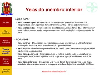 Anatomia do sistema circulatório
Veias do membro inferior
●
SUPERFICIAIS
– Veias safenas longas – Ascendem do pé à virilha n camada subcutânea; drenam tecidos
integumentares e mm superficiais do membro inferior, virilha, e parede abdominal inferior
– Veias safenas curtas – Iniciam no aspecto lateral dos arcos venosos dorsais do pé e terminam em
veias poplíteas; drenam tecidos integumentares e mm suerficiais do pé e do aspecto posterior da
perna
●
PROFUNDAS
– Veias femorais – Desembocam nas veias ilíacas externas e acompanham as artérias femorais;
drenam pele, linfonodos, mm e ossos do quadril, e genitais externos
– Veias poplíteas – Recebem sangue das tibiais e das safenas curtas; drenam a articulação do joelho
e pele, mm e ossos adjacentes
– Veias tibiais posteriores – Iniciam posteriores ao maléolo medial a partir de veias plantares;
drenam pele, mm e ossos da superfície plantar do pé e dos aspectos posteriores e laterais da
perna
– Veias tibiais anteriores – Emergem do arco venoso dorsal; drenam a superfície dorsal do pé,
articulação talocrural, aspectos antriores da perna, articulaçao do joelho, e articulação tibiofibular
Coração
Vias
circulatórias
Aorta e
seus ramos
Veias da
circulação
sistêmica
Sistema
porta
hepática
Circulação
pulmonar
 