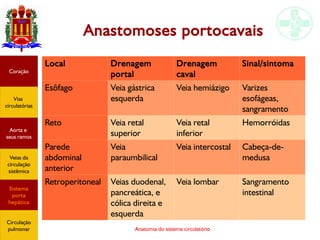 Anatomia do sistema circulatório
Anastomoses portocavais
Local Drenagem
portal
Drenagem
caval
Sinal/sintoma
Esôfago Veia gástrica
esquerda
Veia hemiázigo Varizes
esofágeas,
sangramento
Reto Veia retal
superior
Veia retal
inferior
Hemorróidas
Parede
abdominal
anterior
Veia
paraumbilical
Veia intercostal Cabeça-de-
medusa
Retroperitoneal Veias duodenal,
pancreática, e
cólica direita e
esquerda
Veia lombar Sangramento
intestinal
Coração
Vias
circulatórias
Aorta e
seus ramos
Veias da
circulação
sistêmica
Sistema
porta
hepática
Circulação
pulmonar
 
