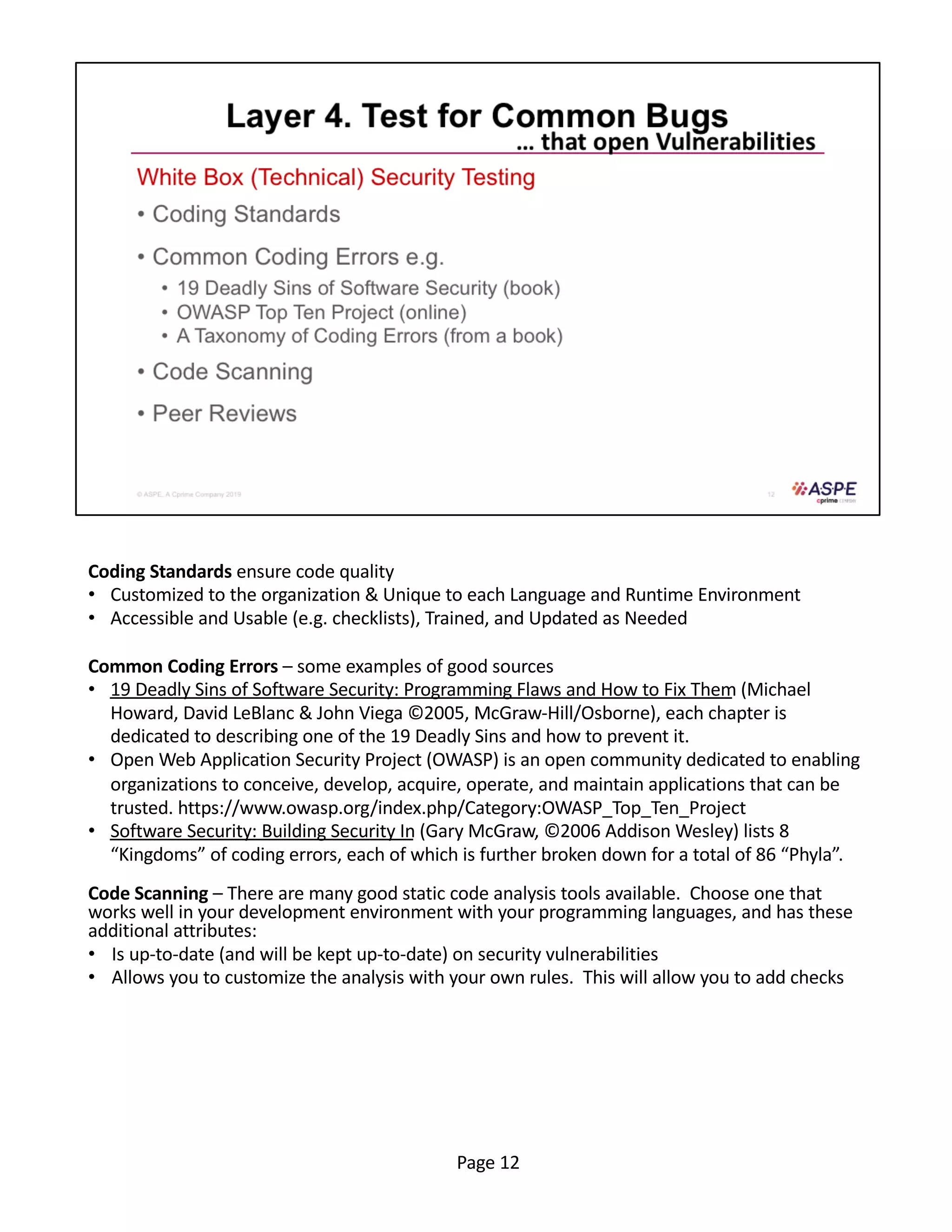 Coding Standards ensure code quality
• Customized to the organization & Unique to each Language and Runtime Environment
• Accessible and Usable (e.g. checklists), Trained, and Updated as Needed
Common Coding Errors – some examples of good sources
• 19 Deadly Sins of Software Security: Programming Flaws and How to Fix Them (Michael
Howard, David LeBlanc & John Viega ©2005, McGraw-Hill/Osborne), each chapter is
dedicated to describing one of the 19 Deadly Sins and how to prevent it.
• Open Web Application Security Project (OWASP) is an open community dedicated to enabling
organizations to conceive, develop, acquire, operate, and maintain applications that can be
trusted. https://www.owasp.org/index.php/Category:OWASP_Top_Ten_Project
• Software Security: Building Security In (Gary McGraw, ©2006 Addison Wesley) lists 8
“Kingdoms” of coding errors, each of which is further broken down for a total of 86 “Phyla”.
Code Scanning – There are many good static code analysis tools available. Choose one that
works well in your development environment with your programming languages, and has these
additional attributes:
• Is up-to-date (and will be kept up-to-date) on security vulnerabilities
• Allows you to customize the analysis with your own rules. This will allow you to add checks
Page 12
 