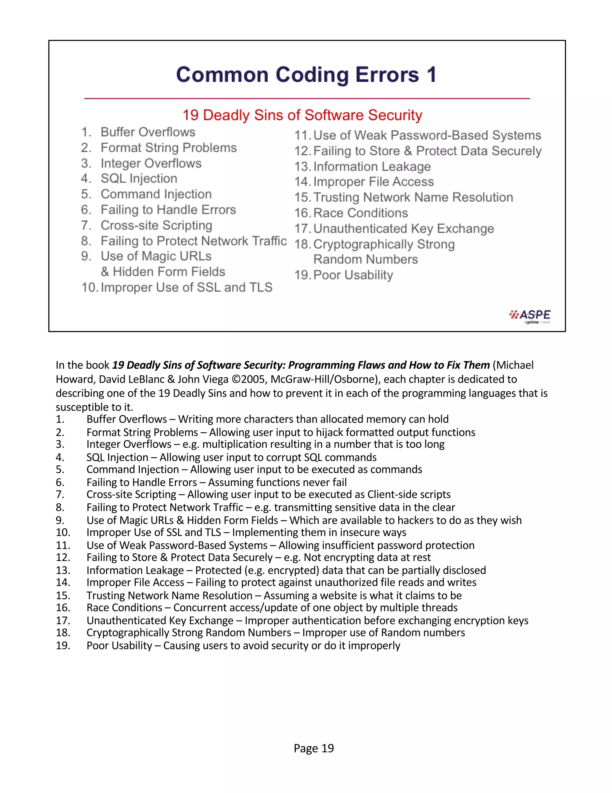 In the book 19 Deadly Sins of Software Security: Programming Flaws and How to Fix Them (Michael
Howard, David LeBlanc & John Viega ©2005, McGraw-Hill/Osborne), each chapter is dedicated to
describing one of the 19 Deadly Sins and how to prevent it in each of the programming languages that is
susceptible to it.
1. Buffer Overflows – Writing more characters than allocated memory can hold
2. Format String Problems – Allowing user input to hijack formatted output functions
3. Integer Overflows – e.g. multiplication resulting in a number that is too long
4. SQL Injection – Allowing user input to corrupt SQL commands
5. Command Injection – Allowing user input to be executed as commands
6. Failing to Handle Errors – Assuming functions never fail
7. Cross-site Scripting – Allowing user input to be executed as Client-side scripts
8. Failing to Protect Network Traffic – e.g. transmitting sensitive data in the clear
9. Use of Magic URLs & Hidden Form Fields – Which are available to hackers to do as they wish
10. Improper Use of SSL and TLS – Implementing them in insecure ways
11. Use of Weak Password-Based Systems – Allowing insufficient password protection
12. Failing to Store & Protect Data Securely – e.g. Not encrypting data at rest
13. Information Leakage – Protected (e.g. encrypted) data that can be partially disclosed
14. Improper File Access – Failing to protect against unauthorized file reads and writes
15. Trusting Network Name Resolution – Assuming a website is what it claims to be
16. Race Conditions – Concurrent access/update of one object by multiple threads
17. Unauthenticated Key Exchange – Improper authentication before exchanging encryption keys
18. Cryptographically Strong Random Numbers – Improper use of Random numbers
19. Poor Usability – Causing users to avoid security or do it improperly
Page 19
 