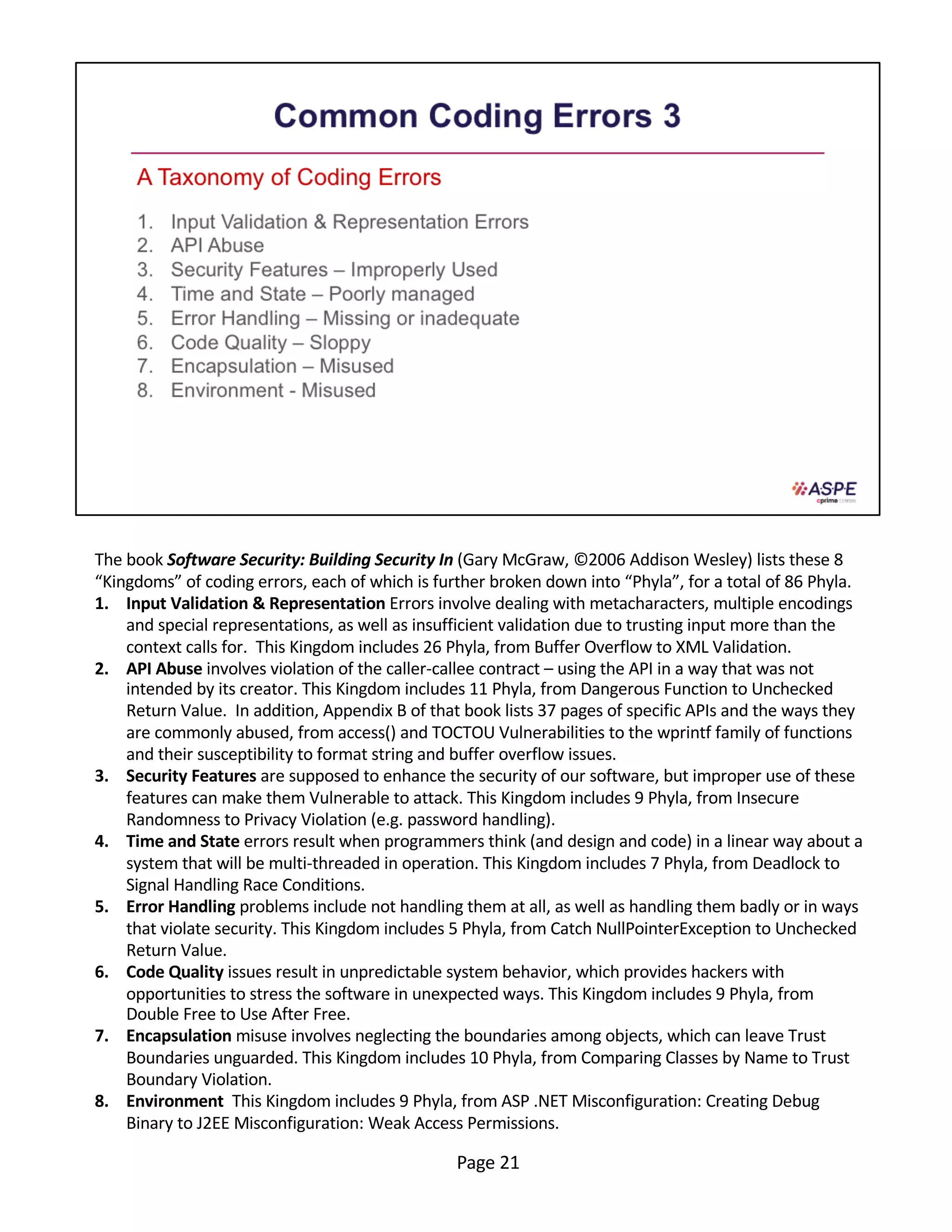 The book Software Security: Building Security In (Gary McGraw, ©2006 Addison Wesley) lists these 8
“Kingdoms” of coding errors, each of which is further broken down into “Phyla”, for a total of 86 Phyla.
1. Input Validation & Representation Errors involve dealing with metacharacters, multiple encodings
and special representations, as well as insufficient validation due to trusting input more than the
context calls for. This Kingdom includes 26 Phyla, from Buffer Overflow to XML Validation.
2. API Abuse involves violation of the caller-callee contract – using the API in a way that was not
intended by its creator. This Kingdom includes 11 Phyla, from Dangerous Function to Unchecked
Return Value. In addition, Appendix B of that book lists 37 pages of specific APIs and the ways they
are commonly abused, from access() and TOCTOU Vulnerabilities to the wprintf family of functions
and their susceptibility to format string and buffer overflow issues.
3. Security Features are supposed to enhance the security of our software, but improper use of these
features can make them Vulnerable to attack. This Kingdom includes 9 Phyla, from Insecure
Randomness to Privacy Violation (e.g. password handling).
4. Time and State errors result when programmers think (and design and code) in a linear way about a
system that will be multi-threaded in operation. This Kingdom includes 7 Phyla, from Deadlock to
Signal Handling Race Conditions.
5. Error Handling problems include not handling them at all, as well as handling them badly or in ways
that violate security. This Kingdom includes 5 Phyla, from Catch NullPointerException to Unchecked
Return Value.
6. Code Quality issues result in unpredictable system behavior, which provides hackers with
opportunities to stress the software in unexpected ways. This Kingdom includes 9 Phyla, from
Double Free to Use After Free.
7. Encapsulation misuse involves neglecting the boundaries among objects, which can leave Trust
Boundaries unguarded. This Kingdom includes 10 Phyla, from Comparing Classes by Name to Trust
Boundary Violation.
8. Environment This Kingdom includes 9 Phyla, from ASP .NET Misconfiguration: Creating Debug
Binary to J2EE Misconfiguration: Weak Access Permissions.
Page 21
 