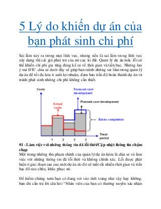 5 Lý do khiến dự án của
bạn phát sinh chi phí
Sai lầm xảy ra trong mọi lĩnh vực, nhưng nếu là sai lầm trong lĩnh vực
xây dựng thì cái giá phải trả của nó cực kì đắt. Quản lý dự án mắc lỗi có
thể khiến chi phí gia tăng đáng kể cả về thời gian và tiền bạc. Những lưu
ý mà ĐTC chia sẻ dưới đây sẽ giúp bạn tránh những sai lầm trong quản lý
dự án để tối đa hóa tỉ suất lợi nhuận, đảm bảo tiến độ hoàn thành dự án và
tránh phát sinh những chi phí không cần thiết.
#1 - Làm việc vớinhững thông tin đã lỗi thời/Cập nhật thông tin chậm
chạp
Một trong những thủ phạm chính của quản lý dự án kém là chia sẻ và làm
việc với những thông tin đã lỗi thời và không chính xác. Lỗi được phát
hiện ở giai đoạn sau của một dự án do đó sẽ mất rất nhiều thời gian và tiền
bạc để sửa chữa, khắc phục nó.
Để kiểm chứng xem bạn có đang rơi vào tình trạng như vậy hay không,
bạn chỉ cần trả lời câu hỏi “Nhân viên của bạn có thường xuyên xác nhận
 