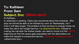 To: Kathleen
From: Sam
Subject: Doc (Which doc?)
Hi Kathleen,
In yesterday’s meeting, Claire was concerned about the schedule. She
says we should be able to be finished by noon on Wednesday, but I
think it will take longer. The problem is that we have to change where we
make the call to the widget service. I’ve attached the doc. Instead of
making the call after the foobar loader, we need to move it to the (wat??)
beginning so that the queue gets populated with the data before we
make the request to component service. (What am I supposed to do?)
<attachment.doc>
 