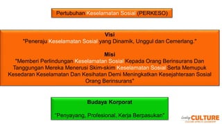 Visi
"Peneraju Keselamatan Sosial yang Dinamik, Unggul dan Cemerlang."
Misi
"Memberi Perlindungan Keselamatan Sosial Kepada Orang Berinsurans Dan
Tanggungan Mereka Menerusi Skim-skim Keselamatan Sosial Serta Memupuk
Kesedaran Keselamatan Dan Kesihatan Demi Meningkatkan Kesejahteraan Sosial
Orang Berinsurans"
Budaya Korporat
“Penyayang, Profesional, Kerja Berpasukan"
Pertubuhan Keselamatan Sosial (PERKESO)
 