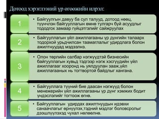 Дотоод хэрэглээний үр өгөөжийн илрэл:
• Байгуулгын давуу ба сул талууд, дотоод нөөц,
түүнчлэн байгууллагын өмнө тулгарч буй асуудлыг
тододгох замаар гүйцэтгэлийг сайжруулах
1
• Байгууллагын үйл ажиллагааны үр дүнгийн талаарх
тодорхой урьдчилсан таамаглалыг удирдлага болон
ажилтнуудад мэдээлнэ.
2
• Олон төрлийн салбар нэгжүүдтэй бизнесийн
байгууллагын хувьд тэдгээр нэгж хэсгүүдийн үйл
ажиллагааг хооронд нь уялдуулан зааж,үйл
ажиллагааных нь тогтвортой байдлыг хангана.
3
• Байгууллага түүний бие даасан нэгжүүд болон
менежерийн үйл ажиллагааны үр дүнг хэмжих бодит
үндэслэлийг тогтоож өгнө.
4
• Байгууллагын удирдах ажилтнуудын идэвхи
санаачлагыг өрнүүлэх,тэдний мэдлэг боловсролыг
дээшлүүлэхэд чухал нөлөөлнө.
5
 