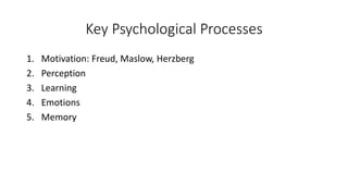 Key Psychological Processes
1. Motivation: Freud, Maslow, Herzberg
2. Perception
3. Learning
4. Emotions
5. Memory
 