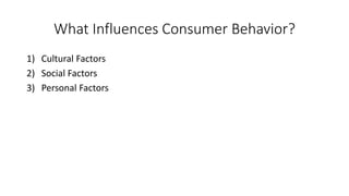 What Influences Consumer Behavior?
1) Cultural Factors
2) Social Factors
3) Personal Factors
 