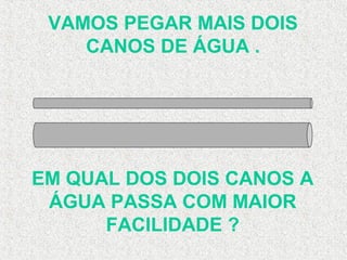 VAMOS PEGAR MAIS DOIS
CANOS DE ÁGUA .
EM QUAL DOS DOIS CANOS A
ÁGUA PASSA COM MAIOR
FACILIDADE ?
 