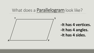 What does a Parallelogram look like?
T
A P
S
-It has 4 vertices.
-It has 4 angles.
-It has 4 sides.
 