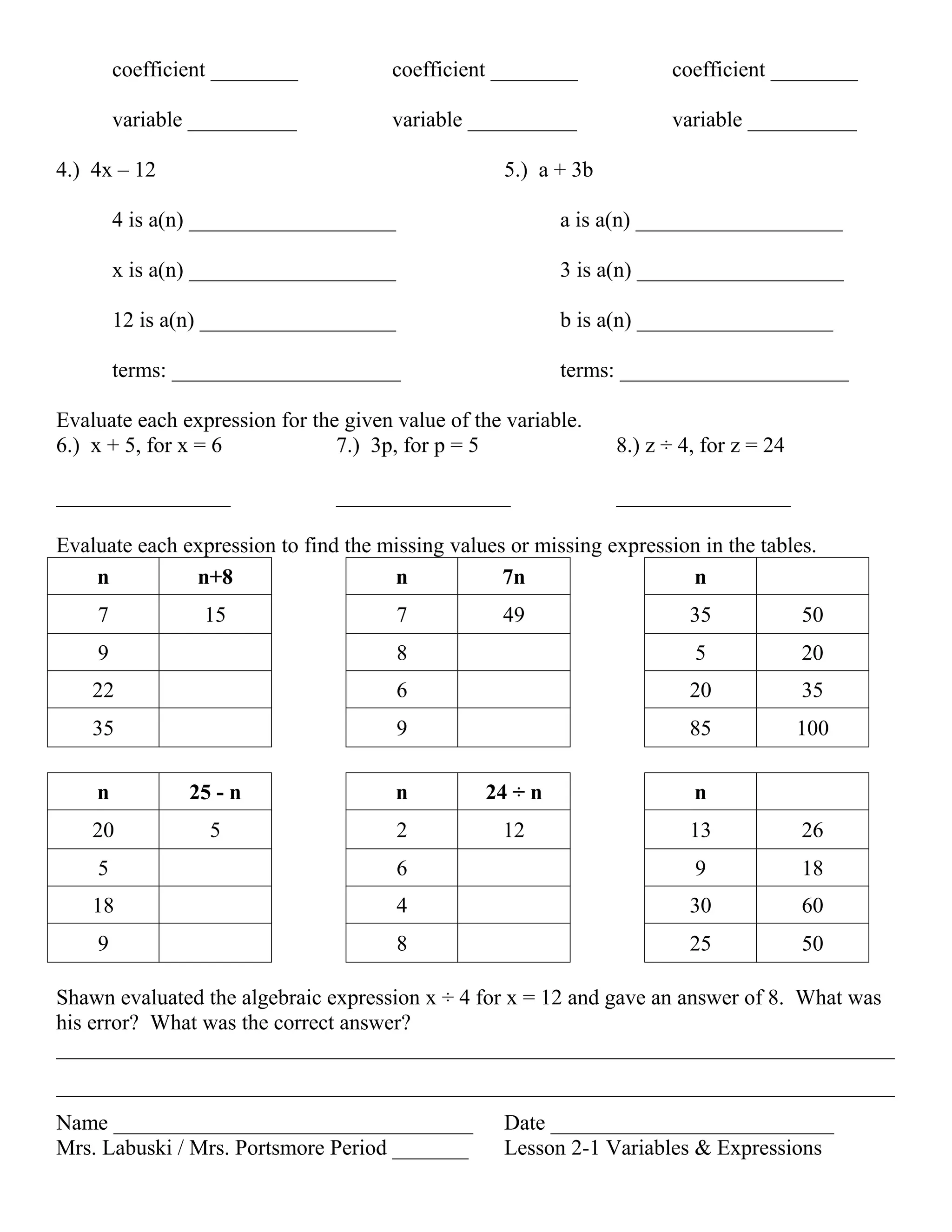 5 lesson 2 1 variables & expressions | PDF