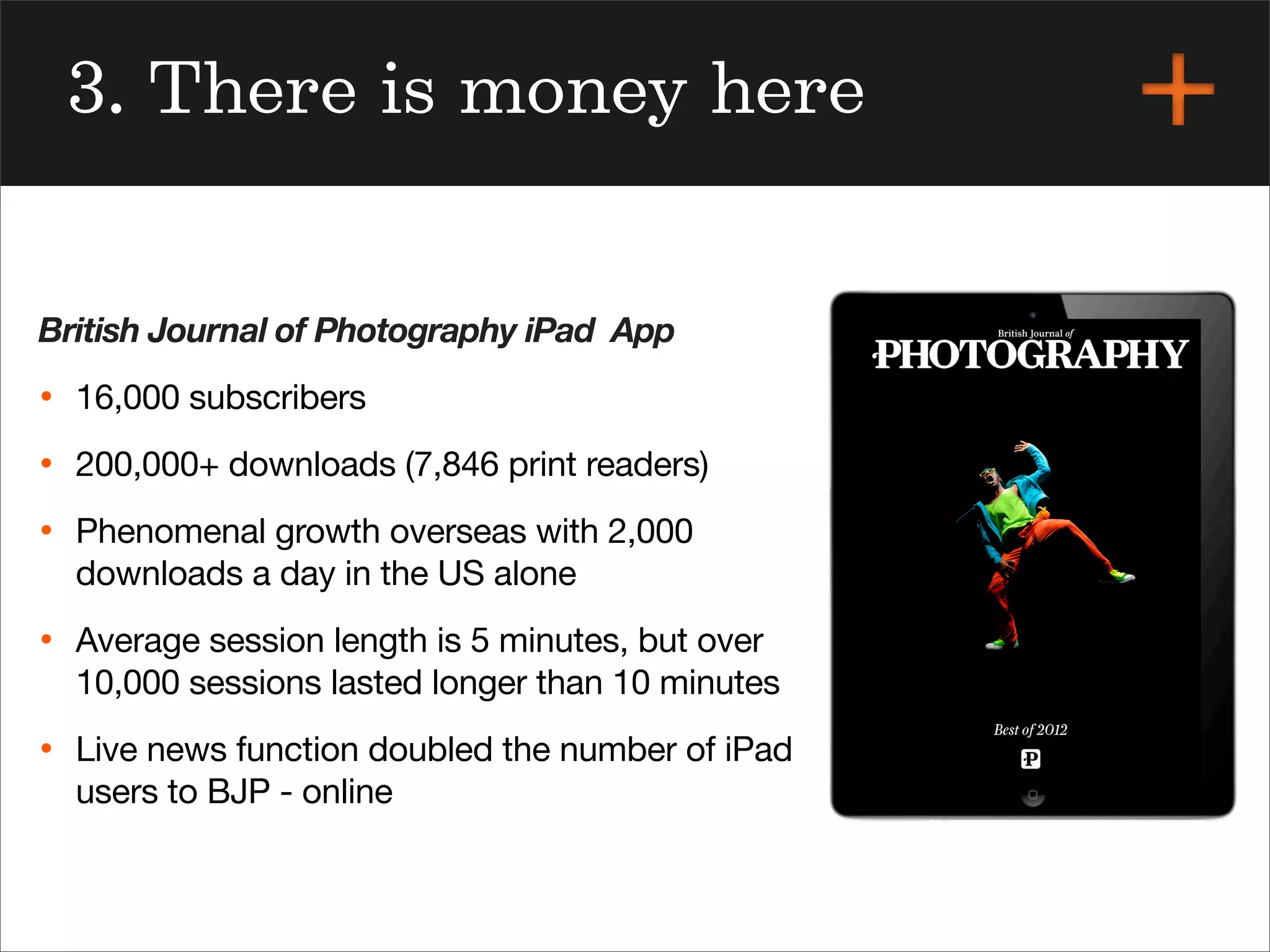 British Journal of Photography iPad App
• 16,000 subscribers
• 200,000+ downloads (7,846 print readers)
• Phenomenal growth overseas with 2,000
downloads a day in the US alone
• Average session length is 5 minutes, but over
10,000 sessions lasted longer than 10 minutes
• Live news function doubled the number of iPad
users to BJP - online
3. There is money here
 