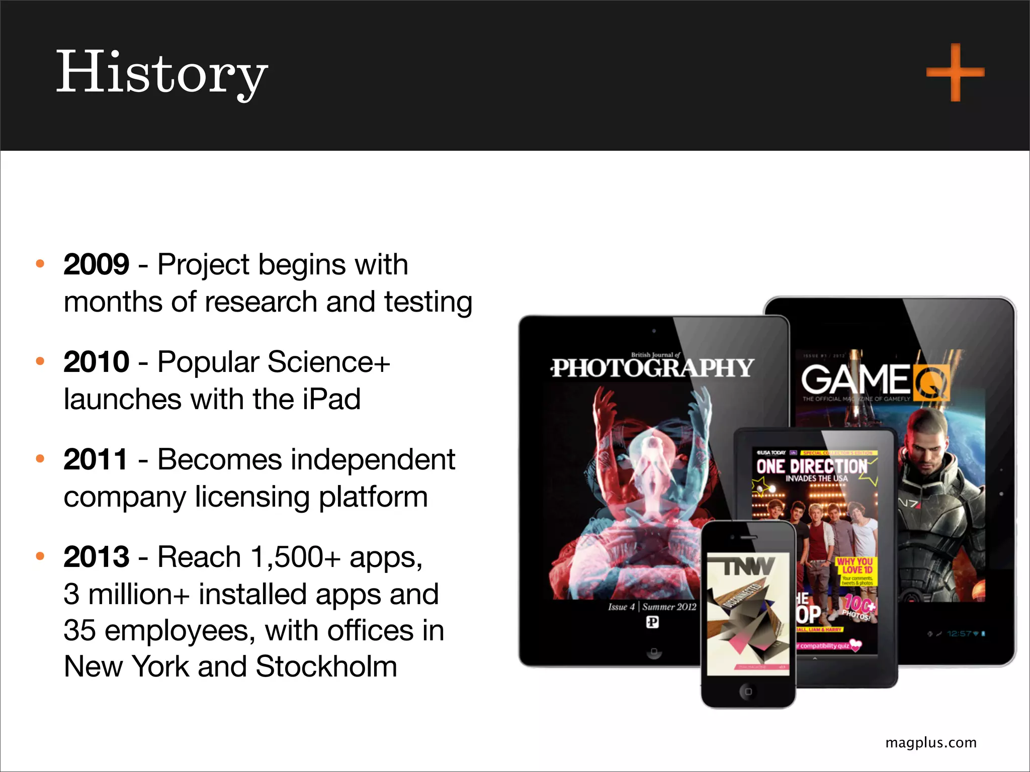magplus.com
History
• 2009 - Project begins with
months of research and testing
• 2010 - Popular Science+
launches with the iPad
• 2011 - Becomes independent
company licensing platform
• 2013 - Reach 1,500+ apps,
3 million+ installed apps and
35 employees, with offices in
New York and Stockholm
 