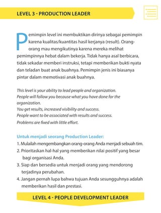 P
emimpin level ini membuktikan dirinya sebagai pemimpin
karena kualitas/kuantitas hasil kerjanya (result). Orang-
orang mau mengikutinya karena mereka melihat
pemimpinnya hebat dalam bekerja. Tidak hanya asal berbicara,
tidak sekadar memberi instruksi, tetapi memberikan bukti nyata
dan teladan buat anak buahnya. Pemimpin jenis ini biasanya
pintar dalam memotivasi anak buahnya.
This level is your ability to lead people and organization.
People will follow you because what you have done for the
organization.
You get results, increased visibility and success.
People want to be associated with results and success.
Problems are fixed with little effort.
Untuk menjadi seorang Production Leader:
1. Mulailah mengembangkan orang-orang Anda menjadi sebuah tim.
2. Prioritaskan hal-hal yang memberikan nilai positif yang besar 	
	 bagi organisasi Anda.
3. Siap dan bersedia untuk menjadi orang yang mendorong 			
	 terjadinya perubahan.
4. Jangan pernah lupa bahwa tujuan Anda sesungguhnya adalah 	
	 memberikan hasil dan prestasi.
LEVEL 3 - Production Leader
LEVEL 4 - People Development Leader
 
