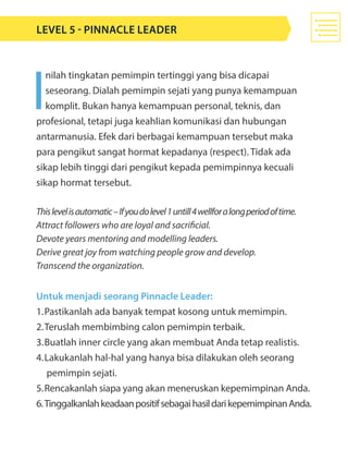 I
nilah tingkatan pemimpin tertinggi yang bisa dicapai
seseorang. Dialah pemimpin sejati yang punya kemampuan
komplit. Bukan hanya kemampuan personal, teknis, dan
profesional, tetapi juga keahlian komunikasi dan hubungan
antarmanusia. Efek dari berbagai kemampuan tersebut maka
para pengikut sangat hormat kepadanya (respect). Tidak ada
sikap lebih tinggi dari pengikut kepada pemimpinnya kecuali
sikap hormat tersebut.
Thislevelisautomatic–Ifyoudolevel1untill4wellforalongperiodoftime.
Attract followers who are loyal and sacrificial.
Devote years mentoring and modelling leaders.
Derive great joy from watching people grow and develop.
Transcend the organization.
Untuk menjadi seorang Pinnacle Leader:
1.	Pastikanlah ada banyak tempat kosong untuk memimpin.
2.	Teruslah membimbing calon pemimpin terbaik.
3.	Buatlah inner circle yang akan membuat Anda tetap realistis.
4.	Lakukanlah hal-hal yang hanya bisa dilakukan oleh seorang 		
	 pemimpin sejati.
5.	Rencakanlah siapa yang akan meneruskan kepemimpinan Anda.
6.	TinggalkanlahkeadaanpositifsebagaihasildarikepemimpinanAnda.
LEVEL 5 - Pinnacle Leader
 