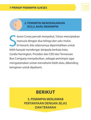S
teven Covey pernah menyebut, Tuhan menciptakan
manusia dengan dua telinga dan satu mulut.
Ini berarti, kita sebenarnya diperintahkan untuk
lebih banyak mendengar daripada berkata-kata.
Cordia Harrington, Presiden dan CEO dari Tennessee
Bun Company menyebutkan, sebagai pemimpin agar
mengutamakan untuk memahami lebih dulu, dibanding
keinginan untuk dipahami.
2. Pemimpin mendengarkan 				
	 dulu, baru memimpin
Berikut
3. Pemimpin menjawab
pertanyaan dengan jelas
danterarah
7 Prinsip Pemimpin Sukses
 