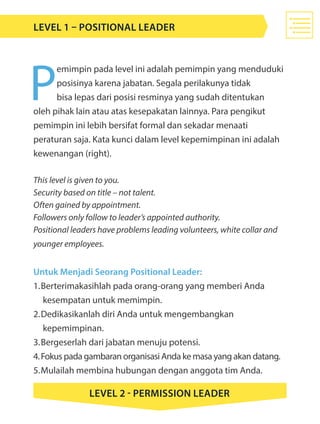 P
emimpin pada level ini adalah pemimpin yang menduduki
posisinya karena jabatan. Segala perilakunya tidak
bisa lepas dari posisi resminya yang sudah ditentukan
oleh pihak lain atau atas kesepakatan lainnya. Para pengikut
pemimpin ini lebih bersifat formal dan sekadar menaati
peraturan saja. Kata kunci dalam level kepemimpinan ini adalah
kewenangan (right).
This level is given to you.
Security based on title – not talent.
Often gained by appointment.
Followers only follow to leader’s appointed authority.
Positional leaders have problems leading volunteers, white collar and
younger employees.
Untuk Menjadi Seorang Positional Leader:
1.	Berterimakasihlah pada orang-orang yang memberi Anda 			
	 kesempatan untuk memimpin.
2.	Dedikasikanlah diri Anda untuk mengembangkan 							
	 kepemimpinan.
3.	Bergeserlah dari jabatan menuju potensi.
4.	Fokus pada gambaran organisasi Anda ke masa yang akan datang.
5.	Mulailah membina hubungan dengan anggota tim Anda.
LEVEL 1 – PoSITIONAL LEADER
LEVEL 2 - Permission Leader
 