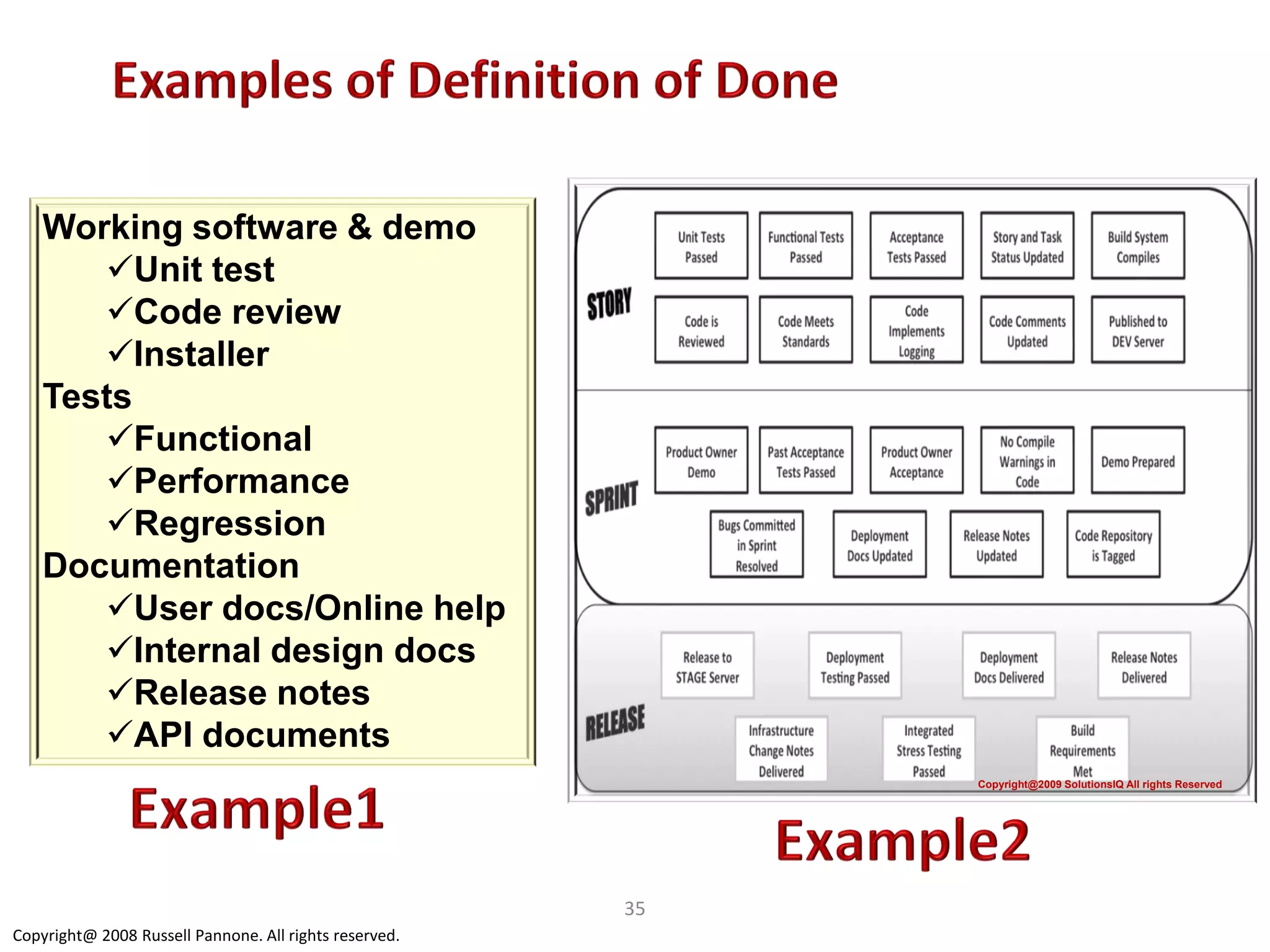 Working software & demo
       Unit test
       Code review
       Installer
    Tests
       Functional
       Performance
       Regression
    Documentation
       User docs/Online help
       Internal design docs
       Release notes
       API documents
                                                             Copyright@2009 SolutionsIQ All rights Reserved




                                                        35
Copyright@ 2008 Russell Pannone. All rights reserved.
 