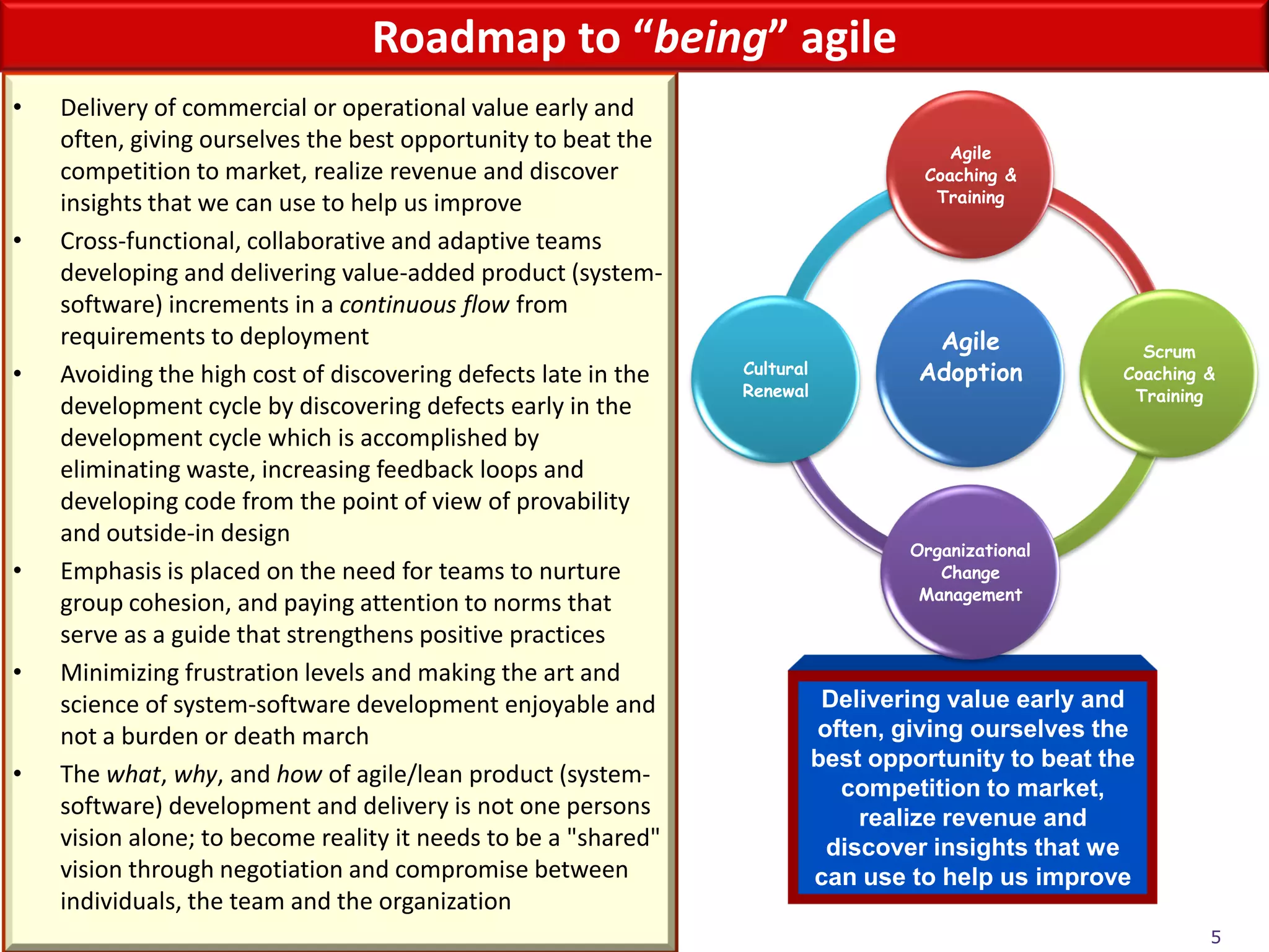 Roadmap to “being” agile
•   Delivery of commercial or operational value early and
    often, giving ourselves the best opportunity to beat the                           Agile
    competition to market, realize revenue and discover                             Coaching &
    insights that we can use to help us improve                                      Training

•   Cross-functional, collaborative and adaptive teams
    developing and delivering value-added product (system-
    software) increments in a continuous flow from
    requirements to deployment                                                       Agile             Scrum
•   Avoiding the high cost of discovering defects late in the   Cultural            Adoption         Coaching &
                                                                Renewal                               Training
    development cycle by discovering defects early in the
    development cycle which is accomplished by
    eliminating waste, increasing feedback loops and
    developing code from the point of view of provability
    and outside-in design
                                                                                   Organizational
•   Emphasis is placed on the need for teams to nurture                               Change
                                                                                    Management
    group cohesion, and paying attention to norms that
    serve as a guide that strengthens positive practices
•   Minimizing frustration levels and making the art and
    science of system-software development enjoyable and                    Delivering value early and
    not a burden or death march                                            often, giving ourselves the
                                                                           best opportunity to beat the
•   The what, why, and how of agile/lean product (system-
                                                                             competition to market,
    software) development and delivery is not one persons                      realize revenue and
    vision alone; to become reality it needs to be a "shared"               discover insights that we
    vision through negotiation and compromise between                      can use to help us improve
    individuals, the team and the organization
                                                                                                              5
 