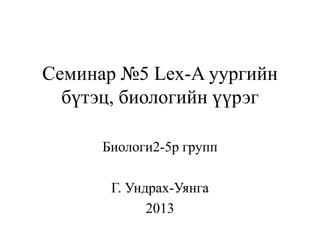 Семинар №5 Lex-A уургийн
  бүтэц, биологийн үүрэг

      Биологи2-5р групп

       Г. Ундрах-Уянга
             2013
 