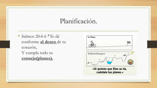 Planificación.
• Salmos 20:4-6 4 Te dé
conforme al deseo de tu
corazón,
Y cumpla todo tu
consejo(planes).
 
