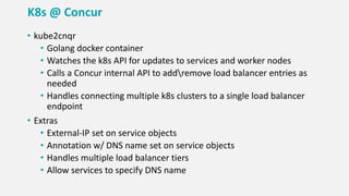 K8s @ Concur
• kube2cnqr
• Golang docker container
• Watches the k8s API for updates to services and worker nodes
• Calls a Concur internal API to addremove load balancer entries as
needed
• Handles connecting multiple k8s clusters to a single load balancer
endpoint
• Extras
• External-IP set on service objects
• Annotation w/ DNS name set on service objects
• Handles multiple load balancer tiers
• Allow services to specify DNS name
 