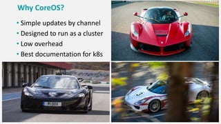 Why CoreOS?
• Simple updates by channel
• Designed to run as a cluster
• Low overhead
• Best documentation for k8s
 