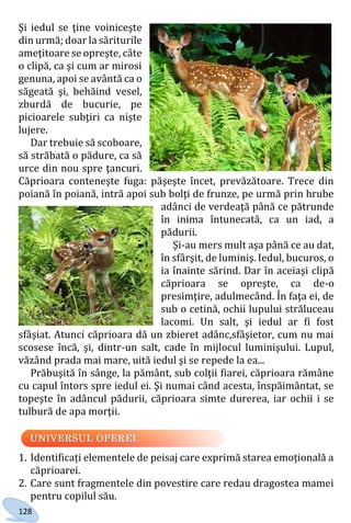 128
Şi iedul se ţine voiniceşte
din urmă; doar la săriturile
ameţitoare se opreşte, câte
o clipă, ca şi cum ar mirosi
genuna, apoi se avântă ca o
săgeată şi, behăind vesel,
zburdă de bucurie, pe
picioarele subţiri ca nişte
lujere.
Dar trebuie să scoboare,
să străbată o pădure, ca să
urce din nou spre ţancuri.
Căprioara conteneşte fuga: păşeşte încet, prevăzătoare. Trece din
poiană în poiană, intră apoi sub bolţi de frunze, pe urmă prin hrube
adânci de verdeaţă până ce pătrunde
în inima întunecată, ca un iad, a
pădurii.
Şi-au mers mult aşa până ce au dat,
în sfârşit, de luminiş. Iedul, bucuros, o
ia înainte sărind. Dar în aceiaşi clipă
căprioara se opreşte, ca de-o
presimţire, adulmecând. În faţa ei, de
sub o cetină, ochii lupului străluceau
lacomi. Un salt, şi iedul ar fi fost
sfâşiat. Atunci căprioara dă un zbieret adânc,sfâşietor, cum nu mai
scosese încă, şi, dintr-un salt, cade în mijlocul luminişului. Lupul,
văzând prada mai mare, uită iedul şi se repede la ea...
Prăbuşită în sânge, la pământ, sub colţii fiarei, căprioara rămâne
cu capul întors spre iedul ei. Şi numai când acesta, înspăimântat, se
topeşte în adâncul pădurii, căprioara simte durerea, iar ochii i se
tulbură de apa morţii.
1. Identificați elementele de peisaj care exprimă starea emoțională a
căprioarei.
2. Care sunt fragmentele din povestire care redau dragostea mamei
pentru copilul său.
Право для безоплатного розміщення підручника в мережі Інтернет має
Міністерство освіти і науки України http://mon.gov.ua/ та Інститут модернізації змісту освіти https://imzo.gov.ua
 