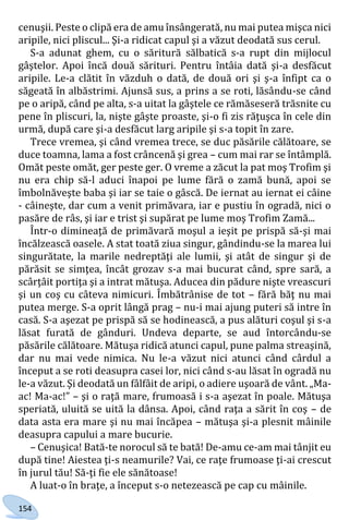 154
cenuşii. Peste o clipă era de amu însângerată, nu mai putea mişca nici
aripile, nici pliscul... Şi-a ridicat capul şi a văzut deodată sus cerul.
S-a adunat ghem, cu o săritură sălbatică s-a rupt din mijlocul
gâştelor. Apoi încă două sărituri. Pentru întâia dată şi-a desfăcut
aripile. Le-a clătit în văzduh o dată, de două ori şi ş-a înfipt ca o
săgeată în albăstrimi. Ajunsă sus, a prins a se roti, lăsându-se când
pe o aripă, când pe alta, s-a uitat la gâştele ce rămăseseră trăsnite cu
pene în pliscuri, la, nişte gâşte proaste, şi-o fi zis răţuşca în cele din
urmă, după care şi-a desfăcut larg aripile şi s-a topit în zare.
Trece vremea, şi când vremea trece, se duc păsările călătoare, se
duce toamna, lama a fost crâncenă şi grea – cum mai rar se întâmplă.
Omăt peste omăt, ger peste ger. O vreme a zăcut la pat moş Trofim şi
nu era chip să-l aduci înapoi pe lume fără o zamă bună, apoi se
îmbolnăveşte baba şi iar se taie o gâscă. De iernat au iernat ei câine
- câineşte, dar cum a venit primăvara, iar e pustiu în ogradă, nici o
pasăre de râs, şi iar e trist şi supărat pe lume moş Trofim Zamă...
Într-o dimineaţă de primăvară moşul a ieşit pe prispă să-şi mai
încălzească oasele. A stat toată ziua singur, gândindu-se la marea lui
singurătate, la marile nedreptăţi ale lumii, şi atât de singur şi de
părăsit se simţea, încât grozav s-a mai bucurat când, spre sară, a
scârţâit portiţa şi a intrat mătuşa. Aducea din pădure nişte vreascuri
şi un coş cu câteva nimicuri. Îmbătrânise de tot – fără băţ nu mai
putea merge. S-a oprit lângă prag – nu-i mai ajung puteri să intre în
casă. S-a aşezat pe prispă să se hodinească, a pus alături coşul şi s-a
lăsat furată de gânduri. Undeva departe, se aud întorcându-se
păsările călătoare. Mătuşa ridică atunci capul, pune palma streaşină,
dar nu mai vede nimica. Nu le-a văzut nici atunci când cârdul a
început a se roti deasupra casei lor, nici când s-au lăsat în ogradă nu
le-a văzut. Şi deodată un fâlfâit de aripi, o adiere uşoară de vânt. „Ma-
ac! Ma-ac!” – şi o raţă mare, frumoasă i s-a aşezat în poale. Mătuşa
speriată, uluită se uită la dânsa. Apoi, când raţa a sărit în coş – de
data asta era mare şi nu mai încăpea – mătuşa şi-a plesnit mâinile
deasupra capului a mare bucurie.
– Cenuşica! Bată-te norocul să te bată! De-amu ce-am mai tânjit eu
după tine! Aiestea ţi-s neamurile? Vai, ce raţe frumoase ţi-ai crescut
în jurul tău! Să-ţi fie ele sănătoase!
A luat-o în braţe, a început s-o netezească pe cap cu mâinile.
Право для безоплатного розміщення підручника в мережі Інтернет має
Міністерство освіти і науки України http://mon.gov.ua/ та Інститут модернізації змісту освіти https://imzo.gov.ua
 