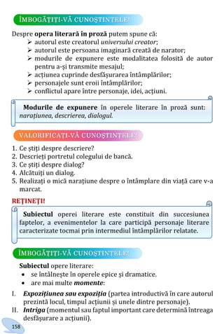 158
Despre opera literară în proză putem spune că:
 autorul este creatorul universului creator;
 autorul este persoana imaginară creată de narator;
 modurile de expunere este modalitatea folosită de autor
pentru a-și transmite mesajul;
 acțiunea cuprinde desfășurarea întâmplărilor;
 personajele sunt eroii întâmplărilor;
 conflictul apare între personaje, idei, acțiuni.
Modurile de expunere în operele literare în proză sunt:
narațiunea, descrierea, dialogul.
1. Ce știți despre descriere?
2. Descrieți portretul colegului de bancă.
3. Ce știți despre dialog?
4. Alcătuiți un dialog.
5. Realizați o mică narațiune despre o întâmplare din viață care v-a
marcat.
REŢINEŢI!
Subiectul operei literare este constituit din succesiunea
faptelor, a evenimentelor la care participă personaje literare
caracterizate tocmai prin intermediul întâmplărilor relatate.
Subiectul opere literare:
 se întâlnește în operele epice și dramatice.
 are mai multe momente:
I. Expozițiunea sau expoziția (partea introductivă în care autorul
prezintă locul, timpul acțiunii și unele dintre personaje).
II. Intriga (momentul sau faptul important care determină întreaga
desfășurare a acțiunii).
Право для безоплатного розміщення підручника в мережі Інтернет має
Міністерство освіти і науки України http://mon.gov.ua/ та Інститут модернізації змісту освіти https://imzo.gov.ua
 