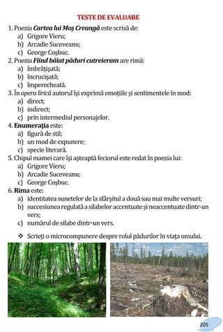 205
TESTEDEEVALUARE
1.PoeziaCartea lui Moş Creangăestescrisă de:
a) Grigore Vieru;
b) ArcadieSuceveanu;
c) George Coşbuc.
2.PoeziaFiind băiatpăduri cutreieram are rimă:
a) îmbrăţişată;
b) încrucişată;
c) împerecheată.
3.Înopera liricăautorulîşiexprimăemoţiile şisentimentele înmod:
a) direct;
b) indirect;
c) prinintermediulpersonajelor.
4.Enumeraţiaeste:
a) figură de stil;
b) unmodde expunere;
c) specie literară.
5.Chipulmameicare îşiaşteaptă feciorulesteredat înpoezialui:
a) Grigore Vieru;
b) ArcadieSuceveanu;
c) George Coşbuc.
6.Rima este:
a) identitatea sunetelor dela sfârşitula două saumaimulte versuri;
b) succesiunearegulatăasilabeloraccentuateşineaccentuatedintr-un
vers;
c) număruldesilabe dintr-unvers.
 Scriețiomicrocompunere despre rolulpădurilor înviațaomului.
Право для безоплатного розміщення підручника в мережі Інтернет має
Міністерство освіти і науки України http://mon.gov.ua/ та Інститут модернізації змісту освіти https://imzo.gov.ua
 