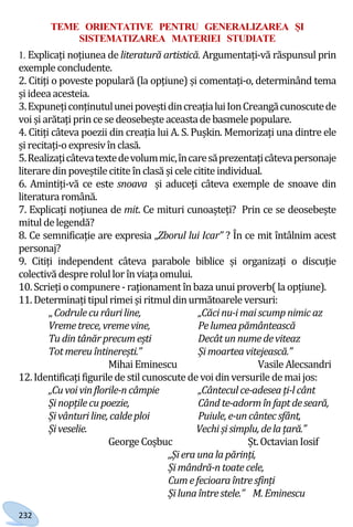 232
TEME ORIENTATIVE PENTRU GENERALIZAREA ȘI
SISTEMATIZAREA MATERIEI STUDIATE
1. Explicați noțiunea de literatură artistică. Argumentați-vă răspunsul prin
exemple concludente.
2. Citiți o poveste populară (la opțiune) și comentați-o, determinând tema
șiideeaacesteia.
3.ExpunețiconținutuluneipoveștidincreațialuiIonCreangăcunoscutede
voișiarătațiprincese deosebește aceastade basmele populare.
4. Citiți câteva poezii din creația lui A. S. Pușkin. Memorizați una dintre ele
șirecitați-oexpresivînclasă.
5.Realizațicâtevatextedevolummic,încaresăprezentațicâtevapersonaje
literare dinpoveștilecitite înclasă șicele citite individual.
6. Amintiți-vă ce este snoava și aduceți câteva exemple de snoave din
literatura română.
7. Explicați noțiunea de mit. Ce mituri cunoașteți? Prin ce se deosebește
mituldelegendă?
8. Ce semnificație are expresia „Zborul lui Icar” ? În ce mit întâlnim acest
personaj?
9. Citiți independent câteva parabole biblice și organizați o discuție
colectivă desprerolullor înviațaomului.
10.Scriețiocompunere-raționament înbaza unuiproverb(la opțiune).
11.Determinațitipulrimeișiritmuldinurmătoarele versuri:
„Codrulecu râuriline, „Căcinu-imaiscumpnimicaz
Vremetrece, vremevine, Pelumeapământească
Tu din tânărprecumești Decâtunnumedeviteaz
Totmereu întinerești.” Șimoarteavitejească.”
MihaiEminescu Vasile Alecsandri
12.Identificațifigurilede stilcunoscutede voidinversurile demaijos:
„Cu voivinflorile-n câmpie „Cânteculce-adeseați-lcânt
Șinopțilecu poezie, Când te-adormînfaptdeseară,
Șivânturiline,caldeploi Puiule, e-uncântecsfânt,
Șiveselie. Vechișisimplu,delațară.”
George Coșbuc Șt.OctavianIosif
„Șiera unalapărinți,
Șimândră-ntoatecele,
Cumefecioaraîntresfinți
Șiluna întrestele.” M.Eminescu
Право для безоплатного розміщення підручника в мережі Інтернет має
Міністерство освіти і науки України http://mon.gov.ua/ та Інститут модернізації змісту освіти https://imzo.gov.ua
 