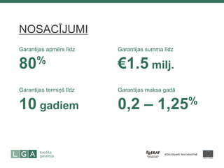 Garantijas apmērs līdz 80% 
Garantijas summa līdz €1.5 milj. 
NOSACĪJUMI 
Garantijas termiņš līdz 10 gadiem 
Garantijas maksa gadā 0,2 – 1,25% 
 