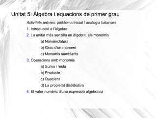 Unitat 5: Àlgebra i equacions de primer grau
Activitats prèvies: problema inicial / analogia balances
1. Introducció a l'àlgebra
2. La unitat més senzilla en àlgebra: els monomis
a) Nomenclatura
b) Grau d'un monomi
c) Monomis semblants
3. Operacions amb monomis
a) Suma i resta
b) Producte
c) Quocient
d) La propietat distributiva
4. El valor numèric d'una expressió algebraica

 
