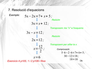 7. Resolució d'equacions
Exemple:

5x−2x=7+ x+ 5 ;
Reduïm

3x=x+ 12 ;
Transposem: les "x" a l'esquerra

3x−x=12 ;
Reduïm

2x=12 ;
12
x= ;
2
x=6
Exercicis 4 p105, 1 i 2 p106 i fitxa

Transposem per aïllar la x
Comprovació:

5· 6−2 · 6=7+ 6+ 5 ;
30−12=18 ;
18=18 Ok

 