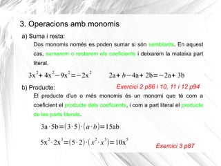 3. Operacions amb monomis
a) Suma i resta:
Dos monomis només es poden sumar si són semblants. En aquest
cas, sumarem o restarem els coeficients i deixarem la mateixa part
literal.
2

2

2

3x + 4x −9x =−2x

2

2a+ b−4a+ 2b=−2a+ 3b
Exercici 2 p86 i 10, 11 i 12 p94

b) Producte:

El producte d'un o més monomis és un monomi que té com a
coeficient el producte dels coeficients, i com a part literal el producte
de les parts literals.

3a ·5b=(3· 5)·(a · b)=15ab
2

3

2

3

5x · 2x =(5 · 2)·( x · x )=10x

5

Exercici 3 p87

 