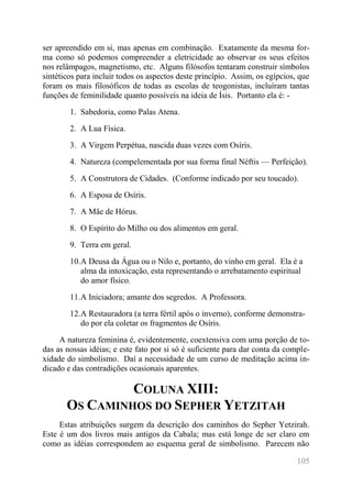 105 
ser apreendido em si, mas apenas em combinação. Exatamente da mesma for- ma como só podemos compreender a eletricidade ao observar os seus efeitos nos relâmpagos, magnetismo, etc. Alguns filósofos tentaram construir símbolos sintéticos para incluir todos os aspectos deste princípio. Assim, os egípcios, que foram os mais filosóficos de todas as escolas de teogonistas, incluíram tantas funções de feminilidade quanto possíveis na ideia de Ísis. Portanto ela é: - 
1. Sabedoria, como Palas Atena. 
2. A Lua Física. 
3. A Virgem Perpétua, nascida duas vezes com Osíris. 
4. Natureza (compelementada por sua forma final Néftis — Perfeição). 
5. A Construtora de Cidades. (Conforme indicado por seu toucado). 
6. A Esposa de Osíris. 
7. A Mãe de Hórus. 
8. O Espírito do Milho ou dos alimentos em geral. 
9. Terra em geral. 
10. A Deusa da Água ou o Nilo e, portanto, do vinho em geral. Ela é a alma da intoxicação, esta representando o arrebatamento espiritual do amor físico. 
11. A Iniciadora; amante dos segredos. A Professora. 
12. A Restauradora (a terra fértil após o inverno), conforme demonstra- do por ela coletar os fragmentos de Osíris. 
A natureza feminina é, evidentemente, coextensiva com uma porção de to- das as nossas idéias; e este fato por si só é suficiente para dar conta da comple- xidade do simbolismo. Daí a necessidade de um curso de meditação acima in- dicado e das contradições ocasionais aparentes. 
COLUNA XIII: OS CAMINHOS DO SEPHER YETZITAH 
Estas atribuições surgem da descrição dos caminhos do Sepher Yetzirah. Este é um dos livros mais antigos da Cabala; mas está longe de ser claro em como as idéias correspondem ao esquema geral de simbolismo. Parecem não  