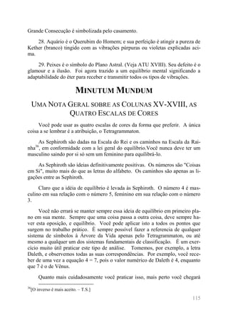 115 
Grande Consecução é simbolizada pelo casamento. 
28. Aquário é o Querubim do Homem; e sua perfeição é atingir a pureza de Kether (branco) tingido com as vibrações púrpuras ou violetas explicadas aci- ma. 
29. Peixes é o símbolo do Plano Astral. (Veja ATU XVIII). Seu defeito é o glamour e a ilusão. Foi agora trazido a um equilíbrio mental significando a adaptabilidade do éter para receber e transmitir todos os tipos de vibrações. 
MINUTUM MUNDUM 
UMA NOTA GERAL SOBRE AS COLUNAS XV-XVIII, AS QUATRO ESCALAS DE CORES 
Você pode usar as quatro escalas de cores da forma que preferir. A única coisa a se lembrar é a atribuição, o Tetragrammaton. 
As Sephiroth são dadas na Escala do Rei e os caminhos na Escala da Rai- nha36, em conformidade com a lei geral do equilíbrio.Você nunca deve ter um masculino saindo por si só sem um feminino para equilibrá-lo. 
As Sephiroth são ideias definitivamente positivas. Os números são "Coisas em Si", muito mais do que as letras do alfabeto. Os caminhos são apenas as li- gações entre as Sephiroth. 
Claro que a idéia de equilíbrio é levada às Sephiroth. O número 4 é mas- culino em sua relação com o número 5, feminino em sua relação com o número 3. 
Você não errará se manter sempre essa ideia de equilíbrio em primeiro pla- no em sua mente. Sempre que uma coisa passa a outra coisa, deve sempre ha- ver esta oposição, e equilíbrio. Você pode aplicar isto a todos os pontos que surgem no trabalho prático. É sempre possível fazer a referencia de qualquer sistema de símbolos à Árvore da Vida apenas pelo Tetragrammaton, ou até mesmo a qualquer um dos sistemas fundamentais de classificação. É um exer- cício muito útil praticar este tipo de análise. Tomemos, por exemplo, a letra Daleth, e observemos todas as suas correspondências. Por exemplo, você rece- ber de uma vez a equação 4 = 7, pois o valor numérico de Daleth é 4, enquanto que 7 é o de Vênus. 
Quanto mais cuidadosamente você praticar isso, mais perto você chegará 
36[O inverso é mais aceito. – T.S.]  