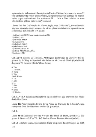 174 
representando todo o curso da respiração.Escrita מואום em hebraico, ela soma 93 (ela também pode conter um yodoculto, não pronunciado ou contado na enume- ração, o que explicaria um dos pontos em M. . . .M e a faixa colorida de ama- relo-limãono glifoda palavra noPyramidos). 
Linhas 1-9: Em O Coração do Mestre, seção Aves (“Pássaros”), nove fórmulas mágicas são dadas como as vozes de vários pássaros simbólicos, aparentemente se referindo às Sephiroth 1-9, assim: 
1 (o Cisne): AUMGN (uma versão possui AUM) 
2 (a Fênix): AL 
3 (o Corvo): AMEN 
4 (a Águia): SU 
5 (o Falcão): AGLA 
6 (o Pelicano): IAO 
7 (a Pomba): HRILIU 
8 (o Íbis): ABRAHADABRA 
9 (o Abutre): MU 
Col. XLVI. Sistema do Taoísmo. Atribuições posteriores de Crowley dos tri- gramas do I Ching às Sephiroth são dadas em O Livro de Thoth (Apêndice II, diagrama “O Cosmos Chinês”)desta forma: 
0: Tao. 
1: Tao Teh. 
2: Yang. 
3: Yin. 
Daath: Khien. 
4: Tui. 
5: Kăn. 
6: Li. 
7: Kăn. 
8: Sun. 
9: Khân. 
10: Khwăn. 
Col. XLVIII.A maioria destas referem-se aos símbolos que aparecem nos rituais da Golden Dawn. 
Linha 26: Possivelmente deveria ler-se "Cruz do Calvário de 6, Sólida", uma vez que as faces de tal terá um total de 26 quadrados. 
Col. L. 
Linha 31-bis:Adicionar Ire (Ir). Ver em The Book of Thoth, apêndice 2, dia- grama 8. Observe S.V.A.T.I., Sub Vmbra Alarum Tuarum Iehovah(ou Isis). 
Col LI. Alfabeto Copta. Esse arranjo difere um pouco das atribuições da G.D.  