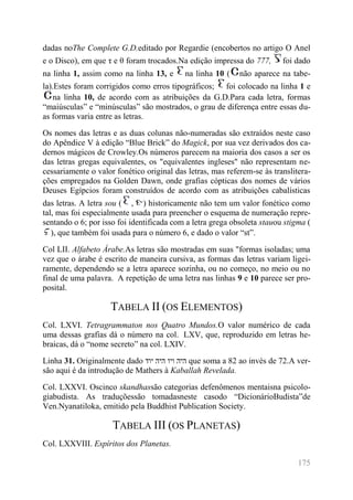175 
dadas noThe Complete G.D.editado por Regardie (encobertos no artigo O Anel 
e o Disco), em que τ e θ foram trocados.Na edição impressa do 777, foi dado 
na linha 1, assim como na linha 13, e na linha 10 ( não aparece na tabe-la). 
Estes foram corrigidos como erros tipográficos; foi colocado na linha 1 e 
na linha 10, de acordo com as atribuições da G.D.Para cada letra, formas 
“maiúsculas” e “minúsculas” são mostrados, o grau de diferença entre essas du-as 
formas varia entre as letras. 
Os nomes das letras e as duas colunas não-numeradas são extraídos neste caso 
do Apêndice V à edição “Blue Brick” do Magick, por sua vez derivados dos ca-dernos 
mágicos de Crowley.Os números parecem na maioria dos casos a ser os 
das letras gregas equivalentes, os "equivalentes ingleses" não representam ne-cessariamente 
o valor fonético original das letras, mas referem-se às translitera-ções 
empregados na Golden Dawn, onde grafias cópticas dos nomes de vários 
Deuses Egípcios foram construídos de acordo com as atribuições cabalísticas 
das letras. A letra sou ( , ) historicamente não tem um valor fonético como 
tal, mas foi especialmente usada para preencher o esquema de numeração repre-sentando 
o 6; por isso foi identificada com a letra grega obsoleta stauou stigma ( 
), que também foi usada para o número 6, e dado o valor “st”. 
Col LII. Alfabeto Árabe.As letras são mostradas em suas "formas isoladas; uma 
vez que o árabe é escrito de maneira cursiva, as formas das letras variam ligei-ramente, 
dependendo se a letra aparece sozinha, ou no começo, no meio ou no 
final de uma palavra. A repetição de uma letra nas linhas 9 e 10 parece ser pro-posital. 
TABELA II (OS ELEMENTOS) 
Col. LXVI. Tetragrammaton nos Quatro Mundos.O valor numérico de cada 
uma dessas grafias dá o número na col. LXV, que, reproduzido em letras he-braicas, 
dá o “nome secreto” na col. LXIV. 
Linha 31. Originalmente dado היה ויו היה יוד que soma a 82 ao invés de 72.A ver-são 
aqui é da introdução de Mathers à Kaballah Revelada. 
Col. LXXVI. Oscinco skandhassão categorias defenômenos mentaisna psicolo-giabudista. 
As traduçõessão tomadasneste casodo “DicionárioBudista”de 
Ven.Nyanatiloka, emitido pela Buddhist Publication Society. 
TABELA III (OS PLANETAS) 
Col. LXXVIII. Espíritos dos Planetas. 
 