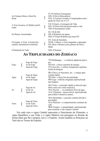 55 
As Crianças Hórus e Hoor-Pa- Kraat { VI. Os Gêmeos Emergentes. XIX. O Sol (a Brincadeira). XVI. A Criança Coroada e Conquistadora emer- gindo do Útero em A L P. A Yoni Gaudens (A Mulher justifi- cada) { VII. O Graal; a Carruagem da Vida. XIV. O Útero Grávido preservando a vida. VIII. O Sexualmente unido. Os Deuses Assassinados { XI. 156 & 666. XII. O Redentor nas águas. XIII. O Ventre Redentor que mata XV. O Lingam. A Yoni. A Estela (Sa- cerdote, Sacerdotisa Cerimônia) { XV. Ereto & Satisfeito. XVIII. A Bruxa: a Yoni estagnada e esperando. XX. Deus e Homem como gêmeos de Nuit e Hadit. O Pantáculo do Todo XXI. O Sistema. 
AS TRIPLICIDADES DO ZODÍACO Fogo { Fogo do Fogo. Ar do Fogo. Água do Fogo. ♈ O Relâmpago — a violência rápida do princí- pio. ♌ O Sol - a força constante de energia. ♐ O Arco-Íris - o reflexo transparente espiritua- lizado da Imagem. Água { Fogo da Água. Ar da Água. Água da Água. ♋ A Chuva, as Nascentes, etc. - o ataque apai- xonado rápido. ♏ O Mar - a força fixa de putrefação. ♓ O Lago - reflexão estagnada espiritualizada das Imagens. Ar { Fogo do Ar. Ar do Ar. Água do Ar. ♎ O Vento - o princípio rápido (a ideia de equi- líbrio como nos ventos tropicais). ♒ As Nuvens — os condutores fixos de água. ♊ As Vibrações - massa imóvel, espiritualizada para refletir o Ruach (a mente). Terra { Fogo da Terra. Ar da Terra. Água da Terra. ♑ As Montanhas - a pressão violenta (devido à gravidade). ♉ As Planícies - o comportamento constante da vida. ♍ Os Campos - a tranquilidade, espiritualizada para sustentar a vida vegetal e animal. 
Em cada caso o signo Cardeal representa o Nascimento do Elemento, o signo Querúbico a sua Vida, e o signo Mutável sua passagem na direção da forma ideal que lhe é própria, isto é, o Espírito. Assim também as Princesas no Tarô são os Tronos do Espírito.  