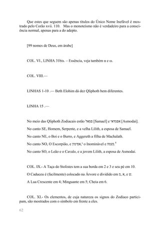 62 
Que estes que seguem são apenas títulos do Único Nome Inefável é mos- trado pelo Corão xvii. 110. Mas o monoteísmo não é verdadeiro para a consci- ência normal, apenas para a do adepto. 
[99 nomes de Deus, em árabe] 
COL. VI., LINHA 31bis. – Essência, veja também α e ω. 
COL. VIII.— 
LINHAS 1-10 .— Beth Elohim dá dez Qliphoth bem diferentes. 
LINHA 15 .— 
No meio das Qliphoth Zodiacais estão סמאל [Samael] e אסמדאי [Asmodai]. 
No canto SE, Homem, Serpente, e a velha Lilith, a esposa de Samael. 
No canto NE, o Boi e o Burro, e Aggereth a filha de Machalath. 
No canto NO, O Escorpião, e אסימון ,³ o Inominável e כעמה .4 
No canto SO, o Leão e o Cavalo, e a jovem Lilith, a esposa de Asmodai. 
COL. IX.- A Taça do Stolistes tem a sua borda em 2 e 3 e seu pé em 10. 
O Caduceu é (facilmente) colocado na Árvore e dividido em מ, א, e ש. 
A Lua Crescente em 4; Minguante em 5; Cheia em 6. 
COL. XI.- Os elementos, de cuja natureza os signos do Zodíaco partici- pam, são mostrados com o símbolo em frente a eles.  