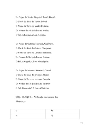 79 
Os Anjos do Verão: Gargatel, Tariel, Gaviel. 
O Chefe do Sinal do Verão: Tubiel. 
O Nome da Terra no Verão: Festatui. 
Os Nomes do Sol e da Lua no Verão: 
O Sol, Athemay; A Lua, Armatas. 
Os Anjos do Outono: Tarquam, Gualbarel. 
O Chefe do Sinal do Outono: Torquaret. 
O Nome da Terra no Outono: Rabianira. 
Os Nomes do Sol e da Lua no Outono: 
O Sol, Abragini; A Lua, Matasignias. 
Os Anjos do Inverno: Amabael, Ctarari. 
O Chefe do Sinal do Inverno: Altarib. 
O Nome da Terra no Inverno: Gerenia. 
Os Nomes do Sol e da Lua no Inverno: 
O Sol, Commutaf; A Lua, Affarterim. 
COL. CLXXVII. – Atribuição muçulmana dos 
Planetas; – 
ג. 
♄ 
ת 
♃  