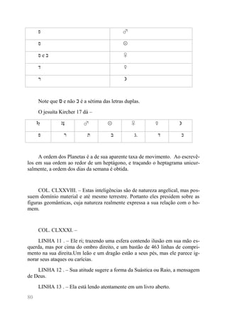 80 
פ 
♂ 
ס 
☉ 
ס e ב 
♀ 
ד 
☿ 
ר 
☽ 
Note que ס e não כ é a sétima das letras duplas. 
O jesuíta Kircher 17 dá – 
♄ 
♃ 
♂ 
☉ 
♀ 
☿ 
☽ 
פ 
ר 
ת 
ב 
ג. 
ד 
כ 
A ordem dos Planetas é a de sua aparente taxa de movimento. Ao escrevê- los em sua ordem ao redor de um heptágono, e traçando o heptagrama unicur- salmente, a ordem dos dias da semana é obtida. 
COL. CLXXVIII. – Estas inteligências são de natureza angelical, mas pos- suem domínio material e até mesmo terrestre. Portanto eles presidem sobre as figuras geomânticas, cuja natureza realmente expressa a sua relação com o ho- mem. 
COL. CLXXXI. – 
LINHA 11 . – Ele ri; trazendo uma esfera contendo ilusão em sua mão es- querda, mas por cima do ombro direito, e um bastão de 463 linhas de compri- mento na sua direita.Um leão e um dragão estão a seus pés, mas ele parece ig- norar seus ataques ou carícias. 
LINHA 12 . – Sua atitude sugere a forma da Suástica ou Raio, a mensagem de Deus. 
LINHA 13 . – Ela está lendo atentamente em um livro aberto.  