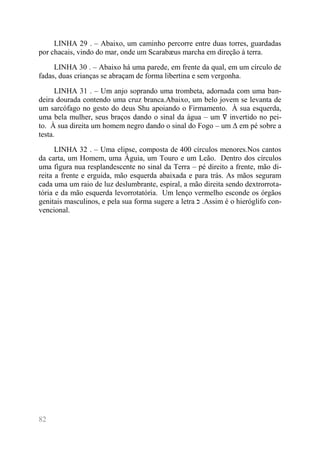 82 
LINHA 29 . – Abaixo, um caminho percorre entre duas torres, guardadas por chacais, vindo do mar, onde um Scarabæus marcha em direção à terra. 
LINHA 30 . – Abaixo há uma parede, em frente da qual, em um círculo de fadas, duas crianças se abraçam de forma libertina e sem vergonha. 
LINHA 31 . – Um anjo soprando uma trombeta, adornada com uma ban- deira dourada contendo uma cruz branca.Abaixo, um belo jovem se levanta de um sarcófago no gesto do deus Shu apoiando o Firmamento. À sua esquerda, uma bela mulher, seus braços dando o sinal da água – um ∇ invertido no pei- to. À sua direita um homem negro dando o sinal do Fogo – um Δ em pé sobre a testa. 
LINHA 32 . – Uma elipse, composta de 400 círculos menores.Nos cantos da carta, um Homem, uma Águia, um Touro e um Leão. Dentro dos círculos uma figura nua resplandescente no sinal da Terra – pé direito a frente, mão di- reita a frente e erguida, mão esquerda abaixada e para trás. As mãos seguram cada uma um raio de luz deslumbrante, espiral, a mão direita sendo dextrorrota- tória e da mão esquerda levorrotatória. Um lenço vermelho esconde os órgãos genitais masculinos, e pela sua forma sugere a letra כ .Assim é o hieróglifo con- vencional.  