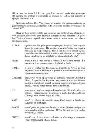 94 
111, o valor das letras A L P. Isto quer dizer que um estudo sobre o número 111 permite-nos analisar o significado do número 1. Indica, por exemplo, a equação trinitária 1 = 3. 
Note que as letras Hé e Vau podem ser escritas por extenso cada uma de quatro maneiras diferentes, correspondendo aos quatro mundos apresentados na coluna LXIV. 
Deve ser bem compreendido que os títulos das Sephiroth não alegam ofe- recer qualquer coisa como uma descrição completa de sua natureza. Os glifos das 22 letras têm uma importância às vezes maior, às vezes menor, na elabora- ção da conotação. 
ALEPH: 
significa um Boi, principalmente porque a forma da letra sugere a forma de uma canga. Há também uma referência à suavidade e paciência de Harpócrates: de fato, à sua inocência sexual. A fun- ção da lavoura é claramente a idéia principal envolvida: aqui resi- de um paradoxo - a ser estudado no último ato de Parsifal. 
BETH: 
é uma Casa, a letra mostra o telhado, o piso e uma parede. É a morada do homem no mundo da dualidade e ilusão. 
GIMEL: 
o Camelo, lembra-nos da posição do Caminho na Árvore da Vida ao juntar Kether e Tiphereth, e, portanto, a maneira de viajar atra- vés do deserto do Abismo. 
DALETH: 
uma Porta, refere-se à posição do caminho juntando Chokmah e Binah. É o portão das Supernas. Novamente, é a letra de Vênus e mostra o simbolismo sexual. A forma sugere a marquise de uma entrada, ou uma borda de uma barraca levantada. 
HÉ: 
uma Janela, nos lembra que o Entendimento (Hé sendo a letra da Mãe no Tetragrammaton) é o meio pelo qual a Luz chega até nós. O espaço entre os dois traços é a janela. 
VAU: 
um Prego (forma diretamente hieroglífica) sugere a fixação das Supernas em Tiphereth. 
ZAYIN: 
uma Espada, se refere à atribuição da letra a Gêmeos, o signo que corresponde à análise intelectual. O Yod de cima sugere o punho; o de baixo, a lâmina. 
CHETH: 
uma Cerca. A barra transversal sobre os pilares sugere uma cerca - mais propriamente o Santo Graal.  