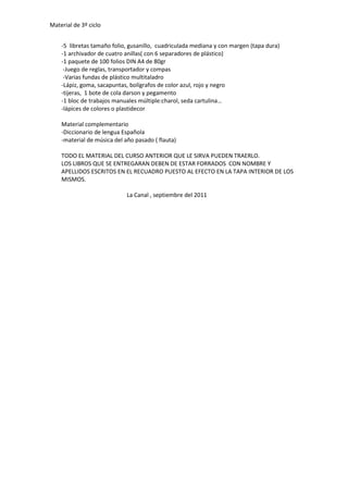 Material de 3º ciclo
-5 libretas tamaño folio, gusanillo, cuadriculada mediana y con margen (tapa dura)
-1 archivador de cuatro anillas( con 6 separadores de plástico)
-1 paquete de 100 folios DIN A4 de 80gr
-Juego de reglas, transportador y compas
-Varias fundas de plástico multitaladro
-Lápiz, goma, sacapuntas, bolígrafos de color azul, rojo y negro
-tijeras, 1 bote de cola darson y pegamento
-1 bloc de trabajos manuales múltiple:charol, seda cartulina…
-lápices de colores o plastidecor
Material complementario
-Diccionario de lengua Española
-material de música del año pasado ( flauta)
TODO EL MATERIAL DEL CURSO ANTERIOR QUE LE SIRVA PUEDEN TRAERLO.
LOS LIBROS QUE SE ENTREGARAN DEBEN DE ESTAR FORRADOS CON NOMBRE Y
APELLIDOS ESCRITOS EN EL RECUADRO PUESTO AL EFECTO EN LA TAPA INTERIOR DE LOS
MISMOS.
La Canal , septiembre del 2011