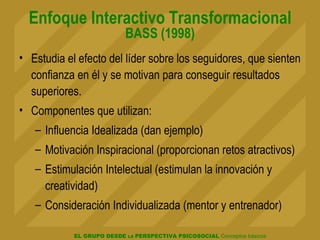 Enfoque Interactivo Transformacional BASS (1998) Estudia el efecto del líder sobre los seguidores, que sienten confianza en él y se motivan para conseguir resultados superiores. Componentes que utilizan: Influencia Idealizada (dan ejemplo) Motivación Inspiracional (proporcionan retos atractivos) Estimulación Intelectual (estimulan la innovación y creatividad) Consideración Individualizada (mentor y entrenador) 