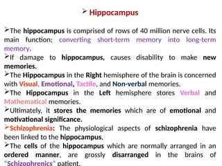  Hippocampus
The hippocampus is comprised of rows of 40 million nerve cells. Its
main function; converting short-term memory into long-term
memory.
If damage to hippocampus, causes disability to make new
memories.
The Hippocampus in the Right hemisphere of the brain is concerned
with Visual, Emotional, Tactile, and Non-verbal memories.
The Hippocampus in the Left hemisphere stores Verbal and
Mathematical memories.
Ultimately, it stores the memories which are of emotional and
motivational significance.
Schizophrenia: The physiological aspects of schizophrenia have
been linked to the hippocampus,
The cells of the hippocampus which are normally arranged in an
ordered manner, are grossly disarranged in the brains of
“Schizophrenics” patient.
 
