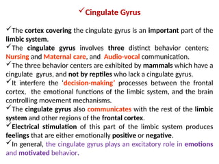Cingulate Gyrus
The cortex covering the cingulate gyrus is an important part of the
limbic system.
The cingulate gyrus involves three distinct behavior centers;
Nursing and Maternal care, and Audio-vocal communication.
The three behavior centers are exhibited by mammals which have a
cingulate gyrus, and not by reptiles who lack a cingulate gyrus.
It interfere the ‘decision-making’ processes between the frontal
cortex, the emotional functions of the limbic system, and the brain
controlling movement mechanisms.
The cingulate gyrus also communicates with the rest of the limbic
system and other regions of the frontal cortex.
Electrical stimulation of this part of the limbic system produces
feelings that are either emotionally positive or negative.
In general, the cingulate gyrus plays an excitatory role in emotions
and motivated behavior.
 